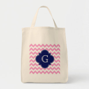 Pink White Chevron Zigzag Navy Quatrefoil Monogram Tote Bag