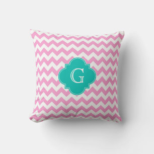 Pink White Chevron Zigzag Teal Quatrefoil Monogram Cushion