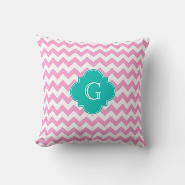 Pink White Chevron Zigzag Teal Quatrefoil Monogram Cushion (Front)