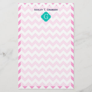 Pink White Chevron Zigzag Teal Quatrefoil Monogram Stationery