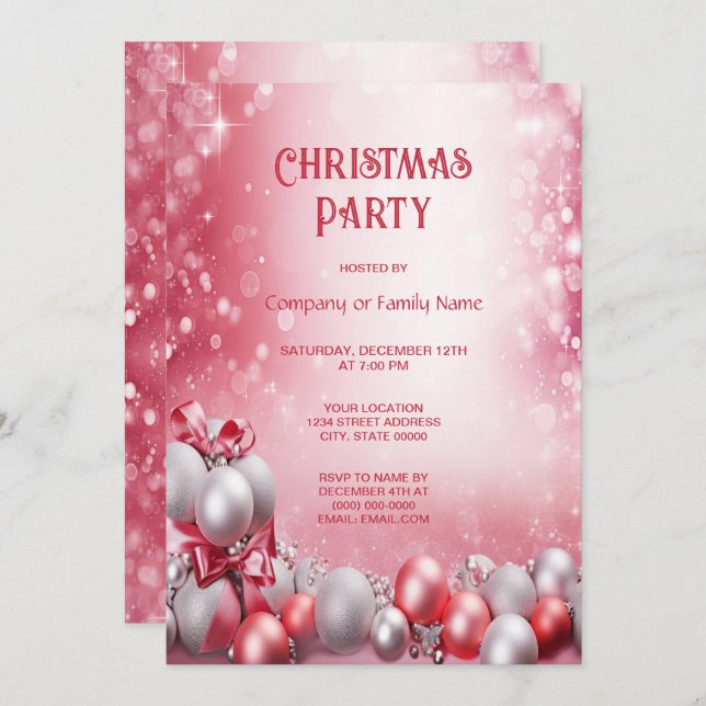 Pink White Christmas Balls Christmas Party Invitation (Front/Back)