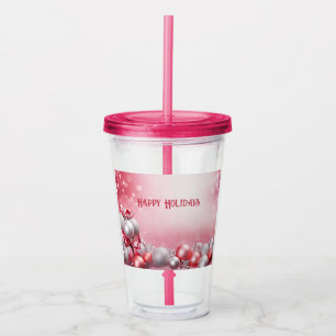 Pink White Christmas Balls Holiday Acrylic Tumbler