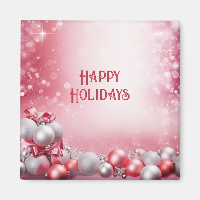 Pink White Christmas Balls Holiday Magnet (Front)