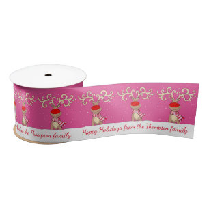 Pink white Christmas big antlers reindeer ribbon Satin Ribbon