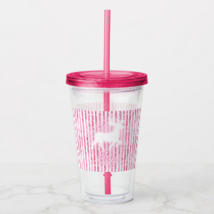 Pink & White Christmas Joy Reindeer Acrylic Tumbler