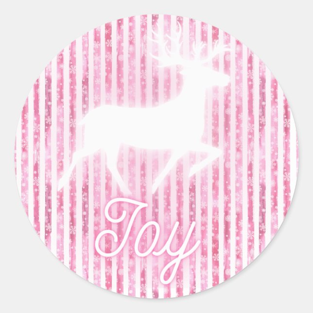 Pink & White Christmas Joy Reindeer Classic Round Sticker (Front)