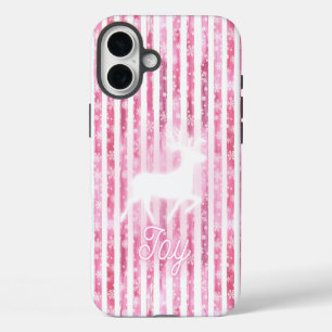 Pink & White Christmas Joy Reindeer iPhone 16 Plus Case