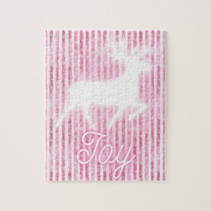 Pink & White Christmas Joy Reindeer Jigsaw Puzzle