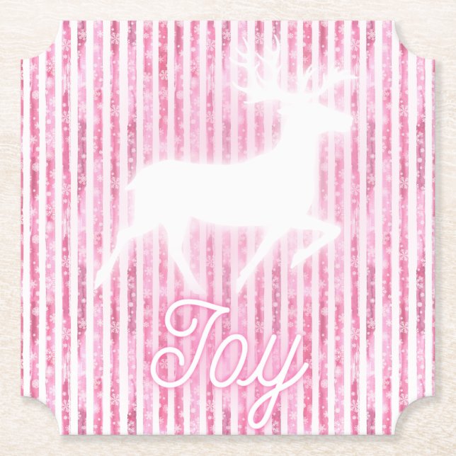 Pink & White Christmas Joy Reindeer Paper Coaster (Front)