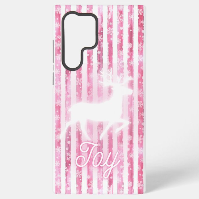 Pink & White Christmas Joy Reindeer Samsung Galaxy S22 Ultra Case (Back)