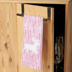 Pink & White Christmas Joy Reindeer Tea Towel