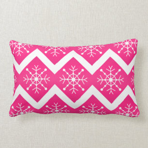 Pink  & White Christmas Snowflakes Chevron Pattern Lumbar Cushion