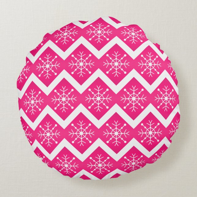 Pink & White Christmas Snowflakes Chevron Pattern Round Cushion (Back)