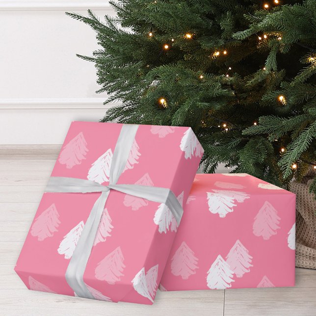 Pink White Christmas Tree Pattern Wrapping Paper (Creator Uploaded)