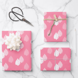 Pink White Christmas Tree Pattern Wrapping Paper Sheet