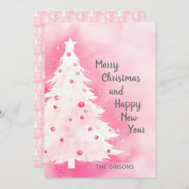 Pink White Christmas Tree Watercolor Card (Front/Back)