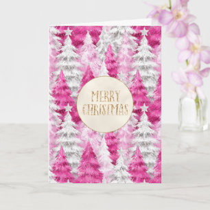 Pink White Christmas Trees Gold Glitter   Card