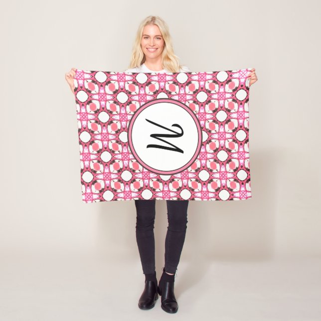 Pink White Circle Geometric Pattern Monogram Fleece Blanket (In Situ)