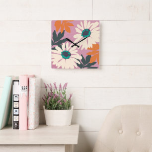 Pink White Color Pop Daisies Artistic Floral   Square Wall Clock