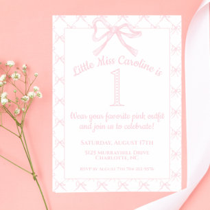 Pink & White Coquette Bow Birthday Girl, Pink Bow Invitation