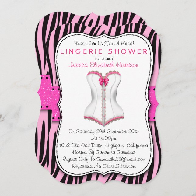 Pink & White Corset On Zebra Print Lingerie Shower Invitation (Front/Back)
