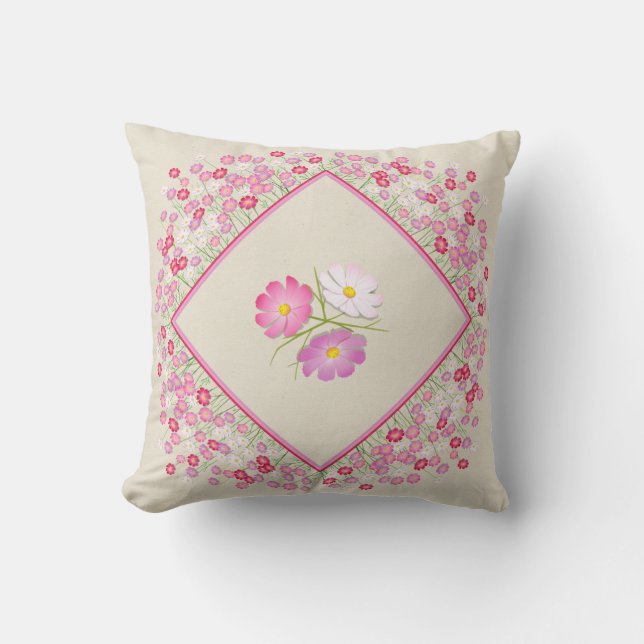 Pink & white cosmos floral pillow (Front)