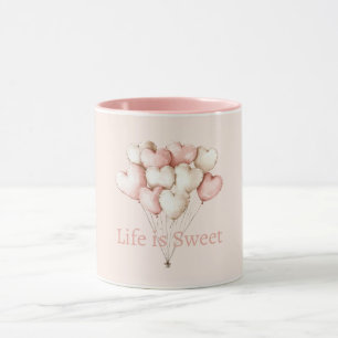 Pink White Cream Heart Balloons Life is Sweet Mug