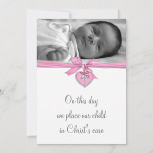 Pink White Cross Baby Girl Photo Christening Invitation