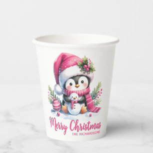 Pink White Custom Cute Penguin Merry Christmas Paper Cups
