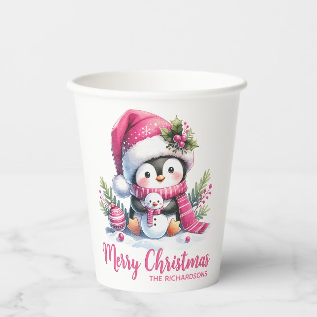 Pink White Custom Cute Penguin Merry Christmas Paper Cups (Front)