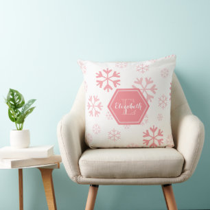 Pink White Custom Monogram Snowflake Throw Pillow