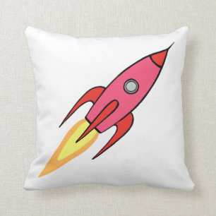 Pink & White Cute Retro Rocketship Cartoon Design Cushion