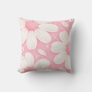 Pink White Daisy Faux Glitter Cushion