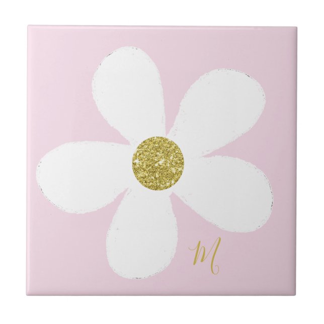 Pink White  Daisy Simple Floral Gold Personal Ceramic Tile (Front)