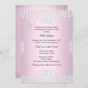 Pink White Damask Baptism/Christening Invite