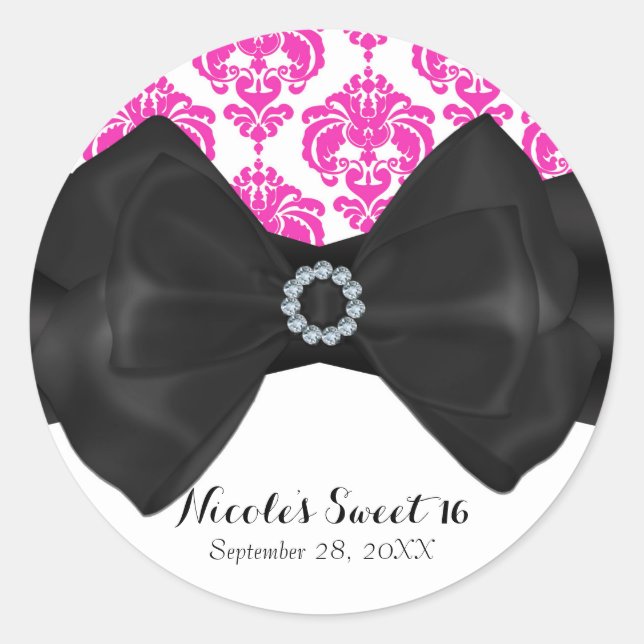 Pink & White Damask Black Bow Glam Sweet 16 Party Classic Round Sticker (Front)