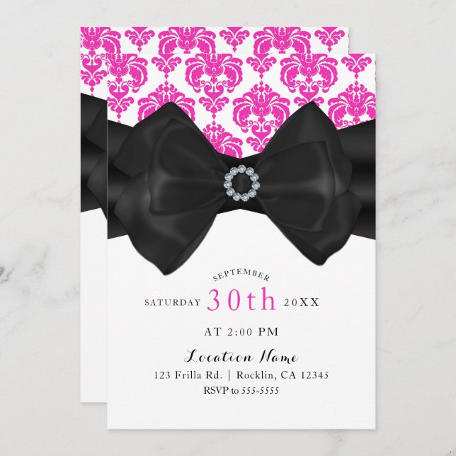 Pink & White Damask Black Bow Glam Sweet 16 Party Invitation (Front/Back)