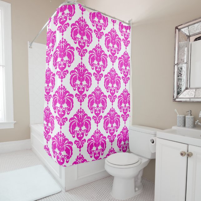 Pink & White Damask Chic Modern Elegant Pattern Shower Curtain (In Situ)