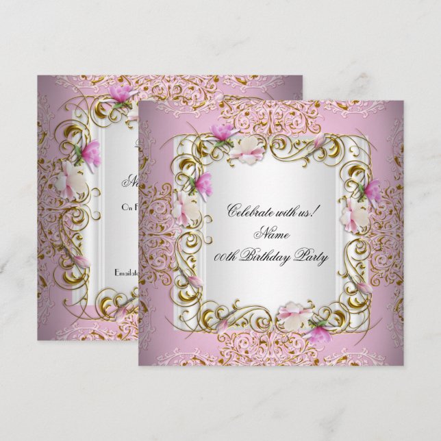 Pink White Damask Gold Flowers Birthday Party Invitation (Front/Back)