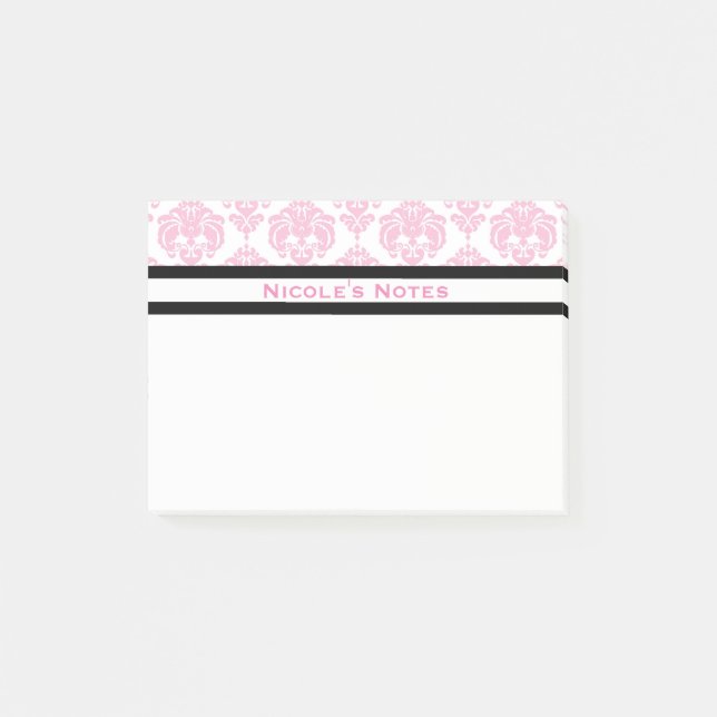 Pink & White Damask Pattern Modern Personalised Post-it Notes (Front)