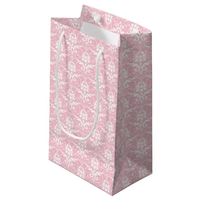 Pink & White Damask Print Gift Bag (Front Angled)
