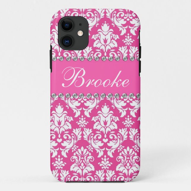 Pink & White Damask Rhinestone Bling Name Case (Back)