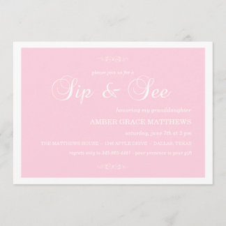Pink & White Damask Sip And See Invitation