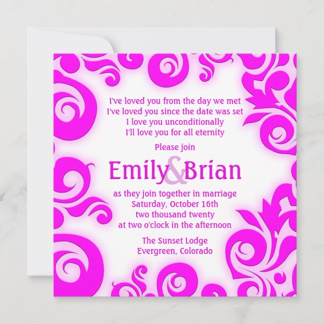 Pink white damask swirl wedding invitations (Front)