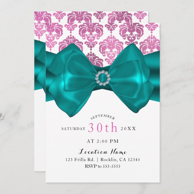 Pink & White Damask Teal Bow Glam Sweet 16 Party Invitation (Front/Back)
