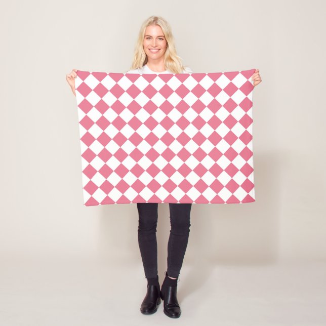 Pink White Diamond Chequered Pattern Fleece Blanket (In Situ)