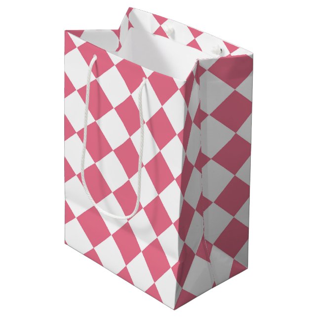 Pink White Diamond Chequered Pattern Medium Gift Bag (Front Angled)