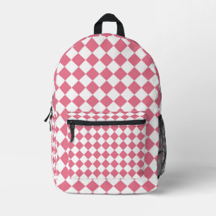 Pink White Diamond Chequered Pattern Printed Backpack