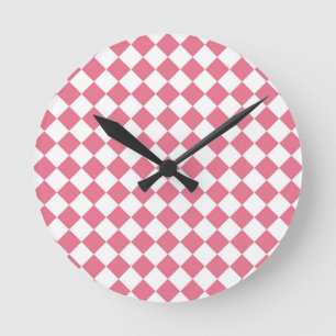 Pink White Diamond Chequered Pattern Round Clock