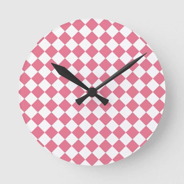 Pink White Diamond Chequered Pattern Round Clock (Front)